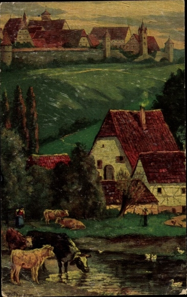 Artist PC Rothenburg ob der Tauber Middle Franconia, view from the Herrenmühle, cows