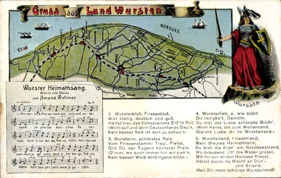 Ak Dorum Wurster Nordseeküste, Heimathsang, Lied, Landkarte, Wursata