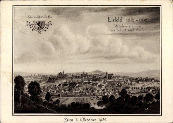 Chromo-Litho Eisfeld in Thuringia, Panorama of the City, 1632-1932, Coat of Arms