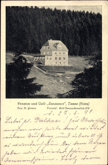 Postcard Tanne Oberharz am Brocken, Pension and Café Sanssouci, owner H. Greese