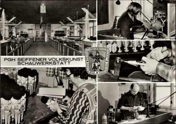 Postcard Seiffen in the Ore Mountains, PGH Seiffen folk art, demonstration workshop, turner, nutcracker