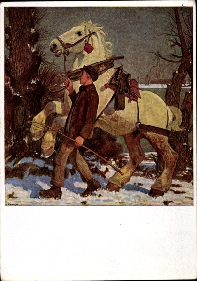 Postcard Junghanns, JP, The funny white horse, man with horse, HDK 169