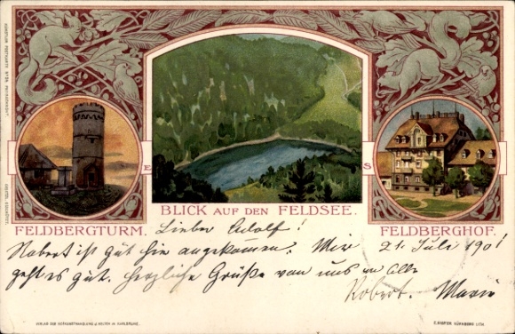 Art Nouveau Chromo-Litho Feldberg in the Black Forest Baden Württemberg, Feldberg Tower, Feldsee, squirrel