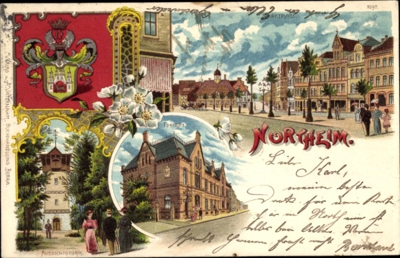 Coat of arms Chromo-Litho Northeim in Lower Saxony, post office, market square, observation tower