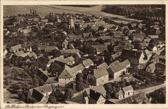 Postcard Stollhofen Rheinmünster am Rhein, aerial view of many houses, agricultural areas