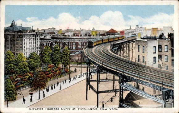 AK New York City USA, elevated railway curve at 110th Street