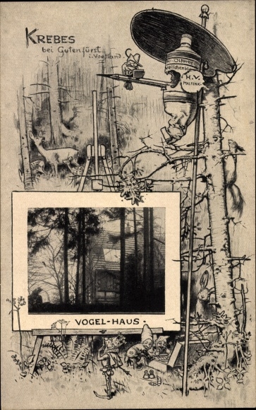 passe-partout ansichtkaart Krebes Burgstein Weischnitz in het Vogtland, vogelhuisje in het bos, Malfink, dwergen