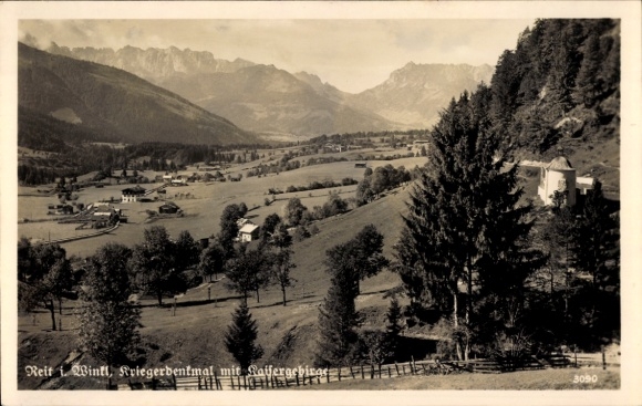 Postcard Reit im Winkl Upper Bavaria, war memorial with Raffergebirge