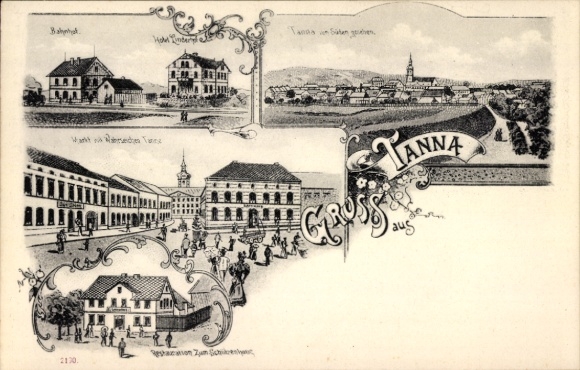 Litho Tanna in Thüringen, Bahnhof, Hotel, Restauration Zum Schützenhaus, Totalansicht