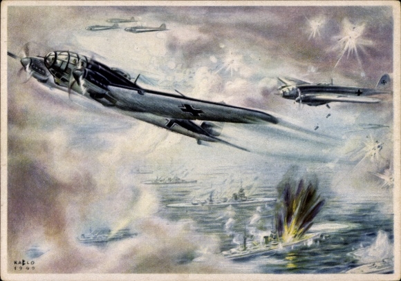 Artist Postcard German Air Force, fighter planes Heinkel He 111 H bombarding fleet units