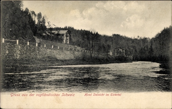 Postcard Rentzschmühle Pöhl in Vogtland, view of the Hotel Steinicht in the Elstertal