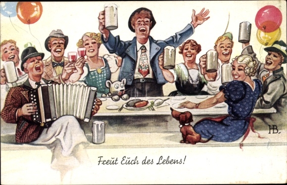 Artist Postcard Boettcher, H., Enjoy life, celebrating people, beer, accordion