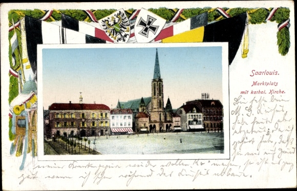 Passepartout PC Saarlouis in Saarland, market place, catholic church, flags