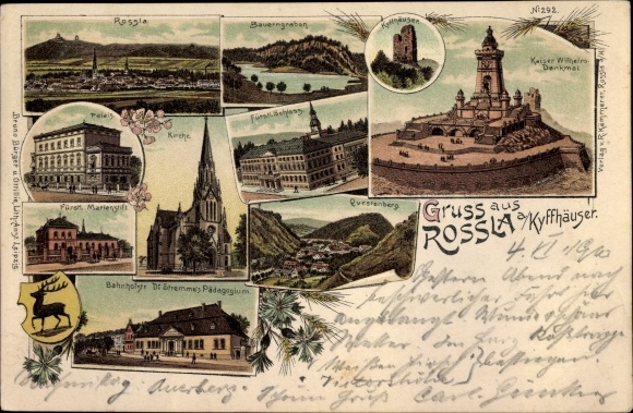 Chromo-Litho Roßla Südharz, palace, church, Marienstift, Bahnhofstrasse, castle, Dr. Stremmes pedagogy