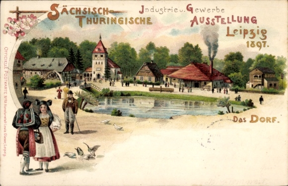 litho Leipzig, Saksische Thüringer Industrie- en Handelstentoonstelling 1897, klederdracht, dorp