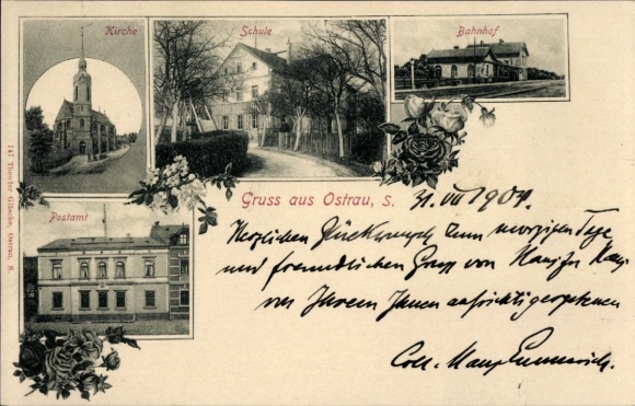 Ak Ostrau in Sachsen, Kirche, Schule, Bahnhof, Postamt, Gruss aus Ostrau