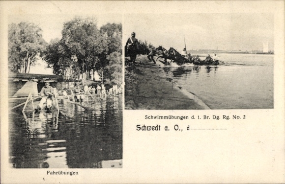 Ak Schwedt an der Oder, 1. Brandenburg. Dragoner Regt. No 2, Schwimmübungen, Fahrübungen