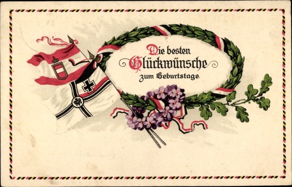 Postcard congratulations birthday, flags, laurel wreath, oak leaves, violets