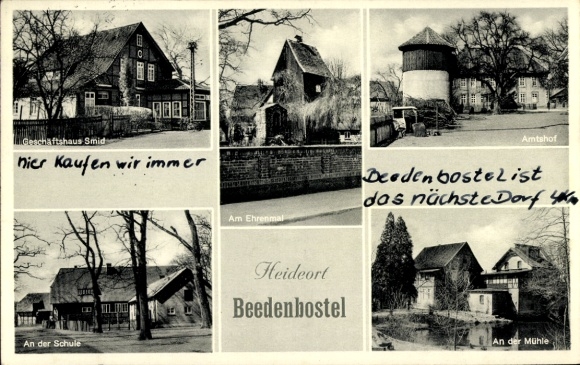 Postcard Beedenbostel in Lower Saxony, Amtshof, memorial, mill, school, farmstead, shop Smid