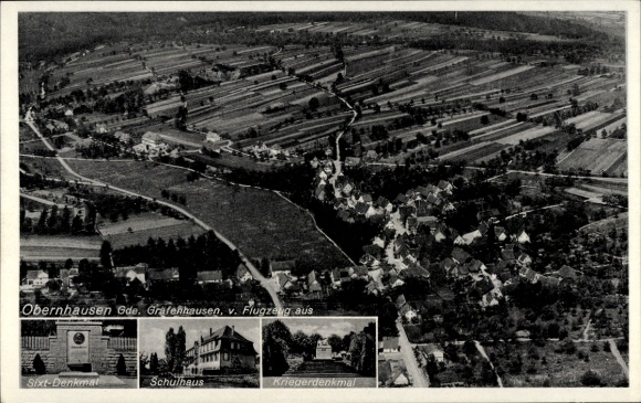 Ak Obernhausen Birkenfeld in Württemberg, Fliegeraufnahme, Sixt-Denkmal, Schulhaus