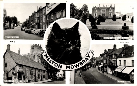 Ak Melton East Midlands England, Verschiedene Ansichten von  schwarzer Kater, historische Gebäude