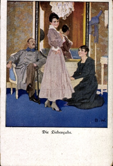 Artist Postcard Wennerberg, Bruno, The Gift of Love, Soldier, Woman Trying on a Dress
