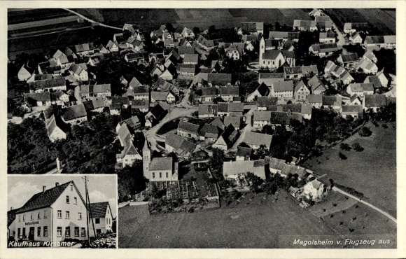 Postcard Magolsheim Münsingen in Württemberg, aerial photograph, Kirsamer department store