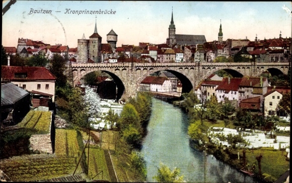 Ak Bautzen in Lausitz, Kronprinzenbrücke en uitzicht op de stad