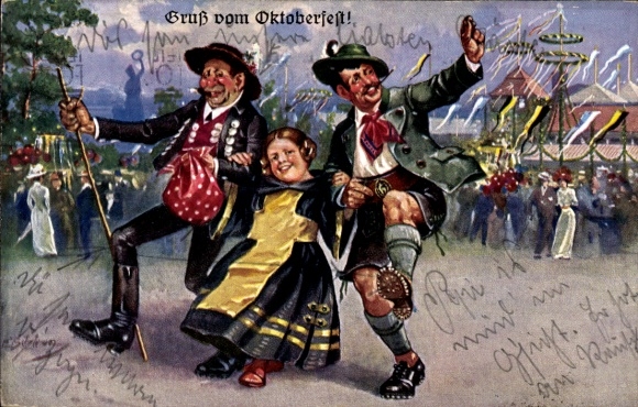 Artist Postcard Schlemo, E., Munich, Oktoberfest, Münchner Kindl, revelers in traditional costumes