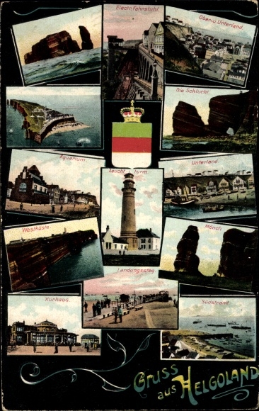 Postcard North Sea island Helgoland, west coast, aquarium, south beach, monk, elevator, spa house
