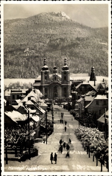 Ak Hejnice Haindorf Reg. Reichenberg, Ort im Isergebirge, Schnee, Winter, Kirche