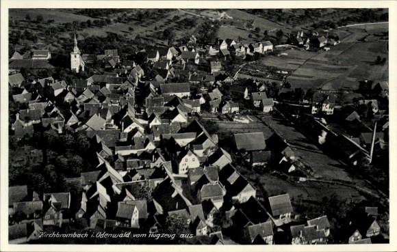 Postcard Kirchbrombach Brombachtal Odenwald, aerial view of Odenwald, numerous roofs, church tower,