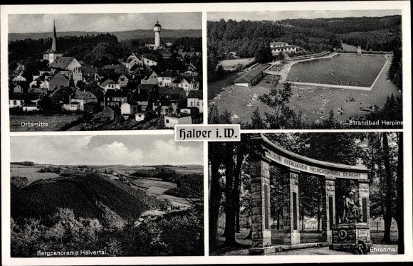 Ak Halver in Westfalen, Strandbad Herpine, Bergpanorama Hälvertal, Ehrenmal, Blick auf den Ort