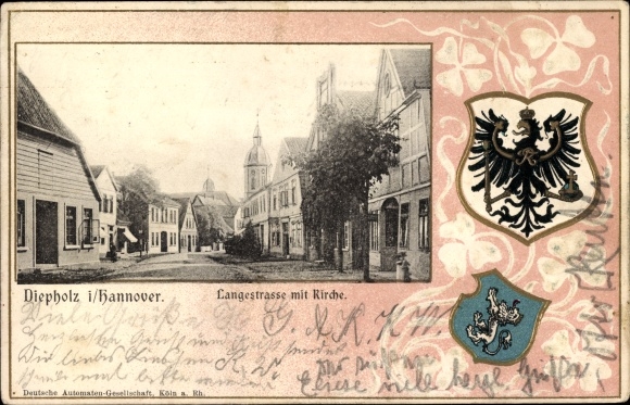Präge Wappen Passepartout Ak Diepholz in Niedersachsen, Langestraße mit Kirche