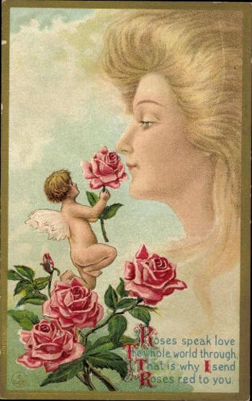 Complete series 12 embossed PCs Young woman, long hair, butterfly, angel