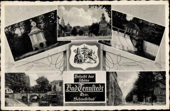Coat of arms PC Bad Tennstedt in the Unstrut Hainich district of Thuringia, bridge gate, town hall, Goethehaus, weir
