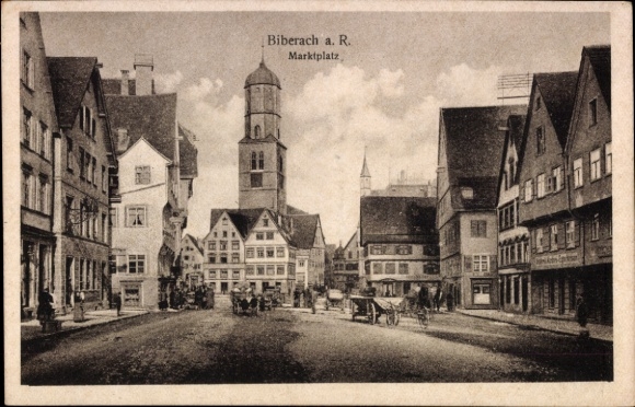 Postcard Biberach an der Riß in Upper Swabia, market square, buildings, people, streets, clock tower