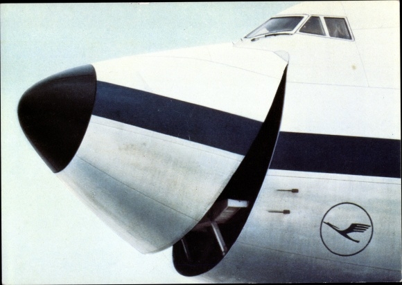 Postcard Lufthansa passenger plane, bow gate open