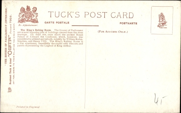 Artist Postcard Flower, C., London City England, The King's Robing Room, Houses of Parlament, Tuck 7906