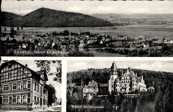 KP Schwebda Meinhard nad Werrą, panorama, restauracja pod Zielonym Drzewem, zamek Wolfsbrunnen