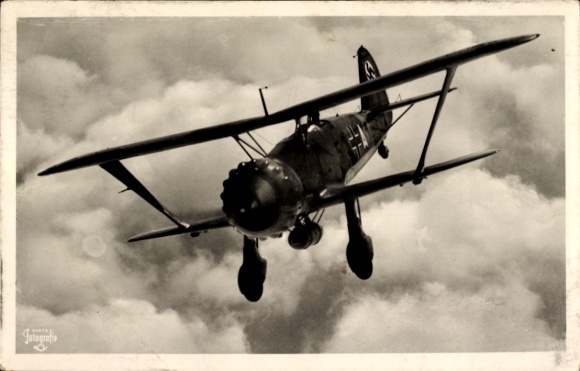 Postcard Henschel Hs 123, dive-bombing single-seater launches attack, Luftwaffe, WWII