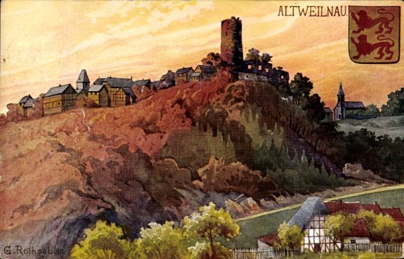 Kunstenaarskaart Rothgeb, G., Altweilnau Weilrod im Weiltal Hochtaunuskreis, uitzicht op de plaats