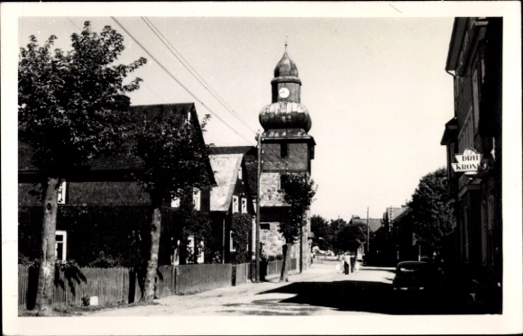 Postcard Frauenwald am Rennsteig Thuringia, street section, clock tower, inn Drei Kronen