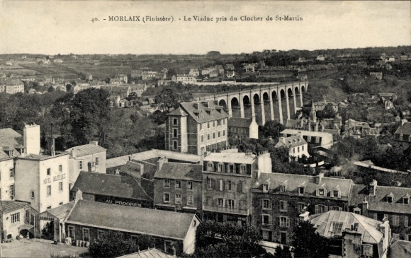 Postcard Morlaix Finistère, view over Morlaix, viaduct, buildings