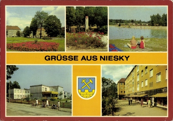 Postcard Niesky in Upper Lusatia, Zinzendorfplatz, Monument to the Fighters against Fascism, Nursery