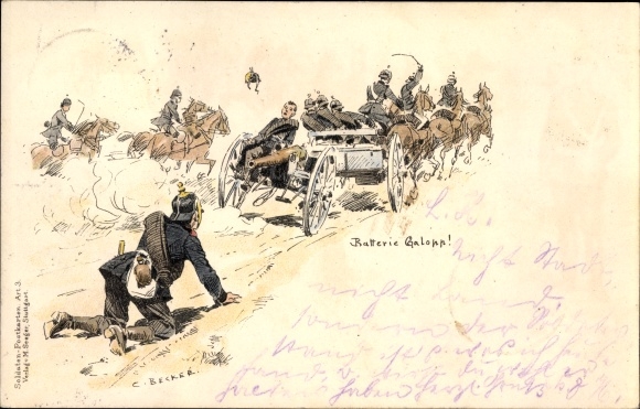 Kunstenaar Litho Becker, Carl, batterijgalop, artillerie, artillerietransport, soldatenhumor, I. WK