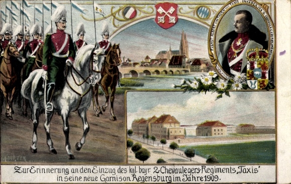 Artist Postcard Regensburg, Entry of the Bavarian 2nd Chevaluleger Regiment Taxis into the new garrison