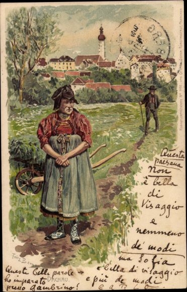 Kunstenaar litho Bergen, Fritz, Dachau in Opper-Beieren, stadsgezicht, boeren in klederdracht