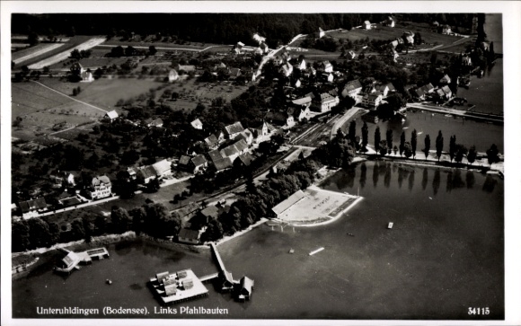Postcard Unteruhldingen Uhldingen Mühlhofen am Bodensee, aerial photograph, pile dwellings