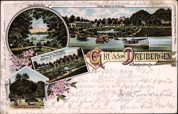 Chromo-Litho Dreibergen Bad Zwischenahn, lake, general view, inn by HW Feldhus, old lime tree